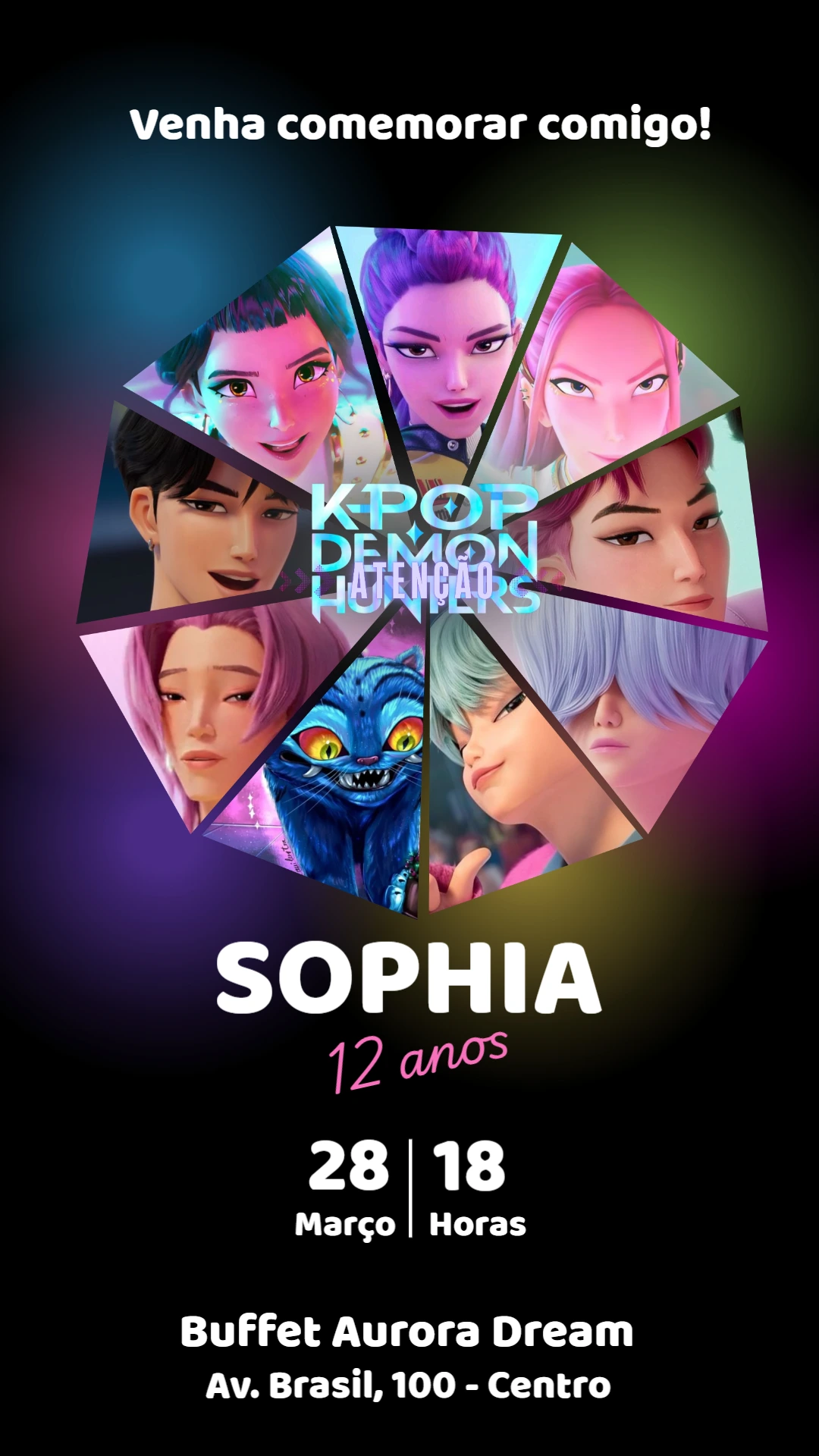 Convite Digital Aniversário Guerreiras do K-Pop Demon Hunters para Editar