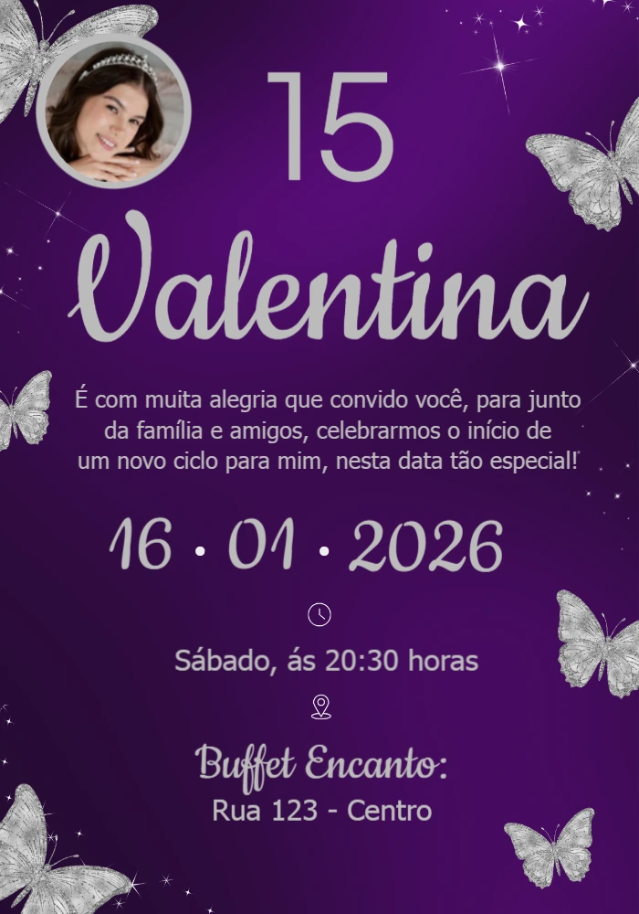 Convite de 15 Anos Roxo com Borboletas Prata Editável