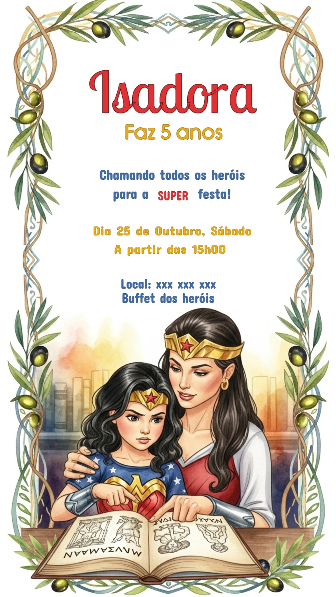 Convite Aniversário Mulher Maravilha Ilustrado para Editar