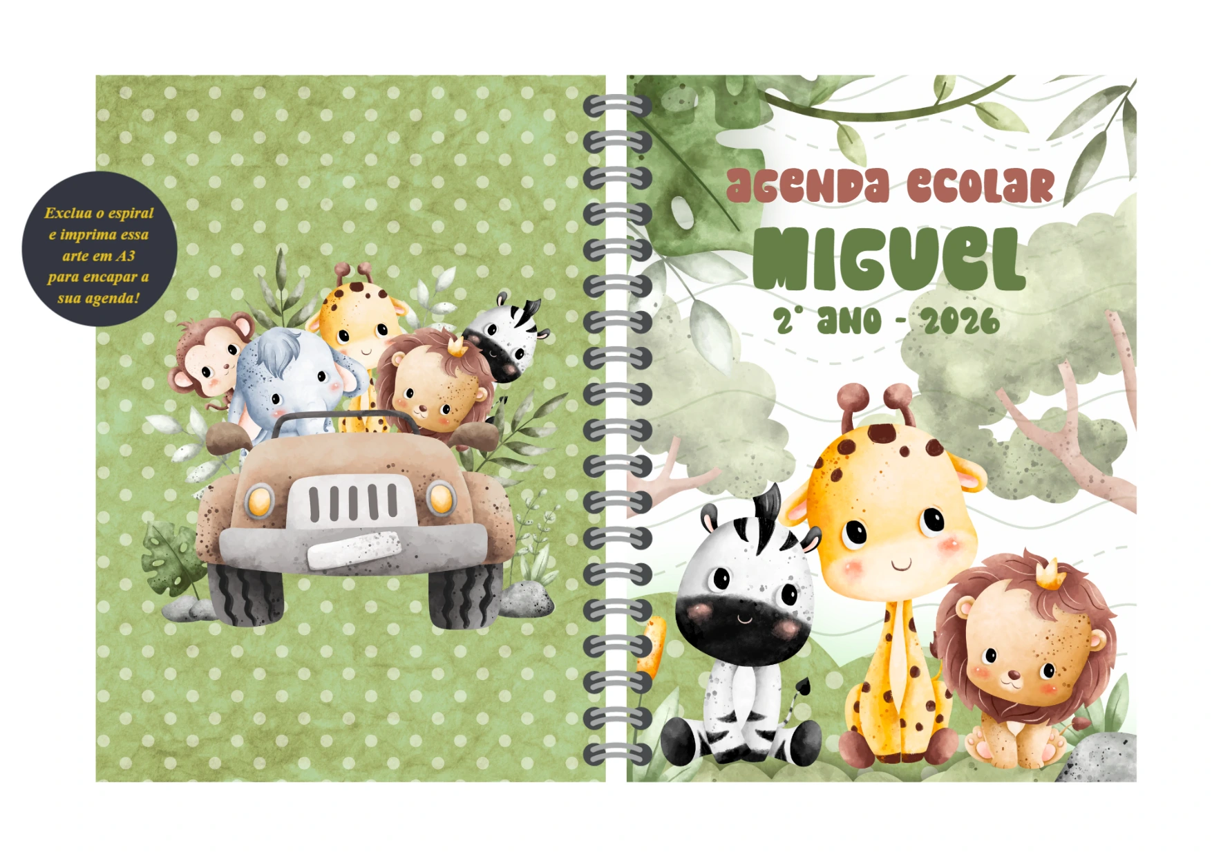 Capa de Agenda Escolar Safari com Animais para Editar Online