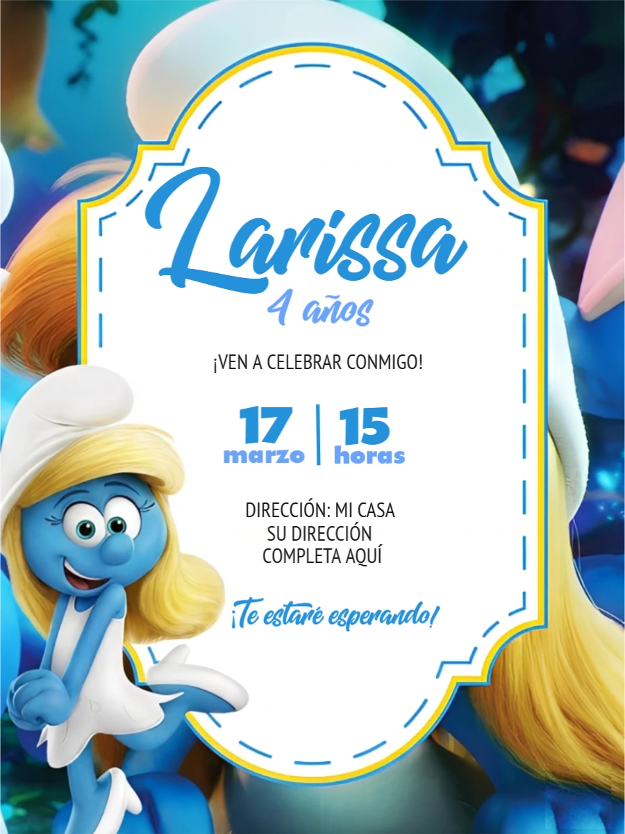 Invitación de Cumpleaños de Pitufina Modelo Digital para Editar