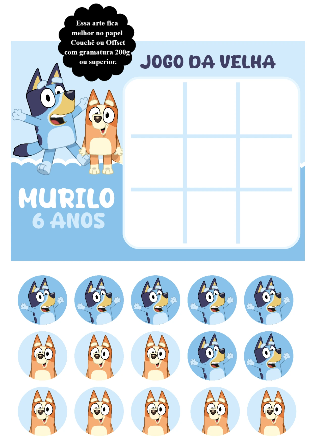 Jogo da Velha Bluey e Bingo Editável para Aniversário