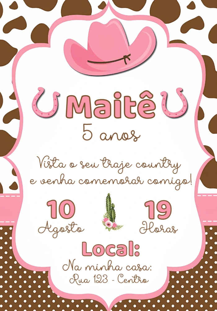 Convite Aniversário Country Boiadeira Rosa para Editar Online