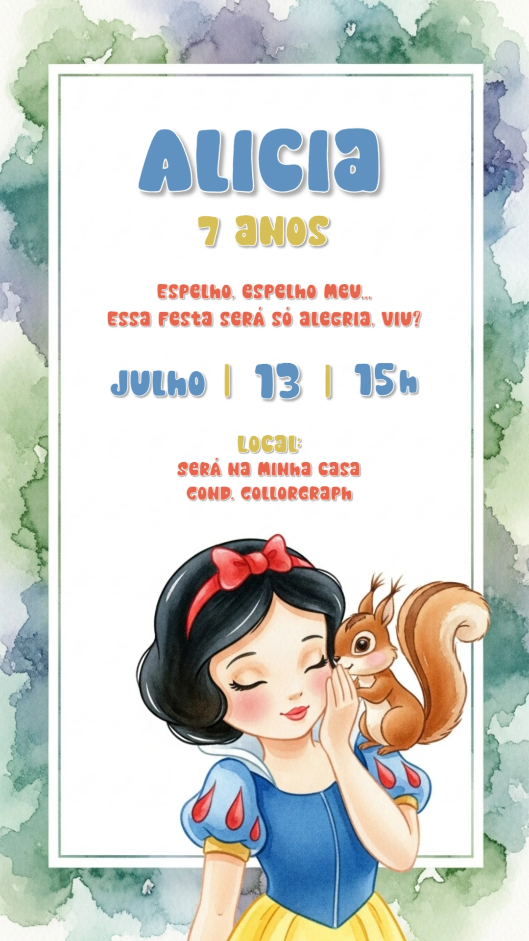 Convite Aniversário Branca de Neve Aquarela para Editar Online