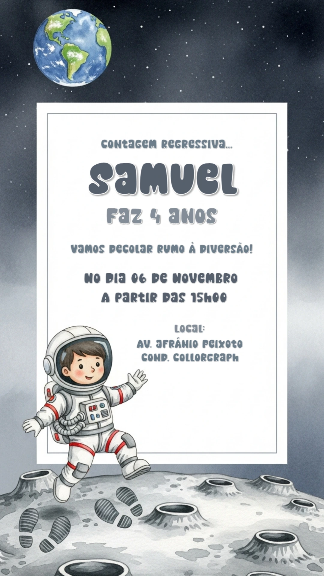 Convite Aniversário Astronauta no Espaço para Editar Online