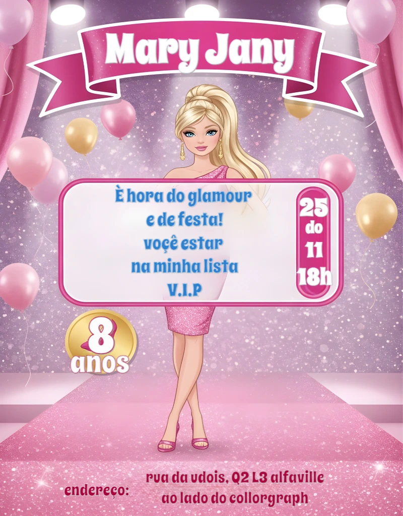 Convite de Aniversário Barbie Glamour para Editar Online