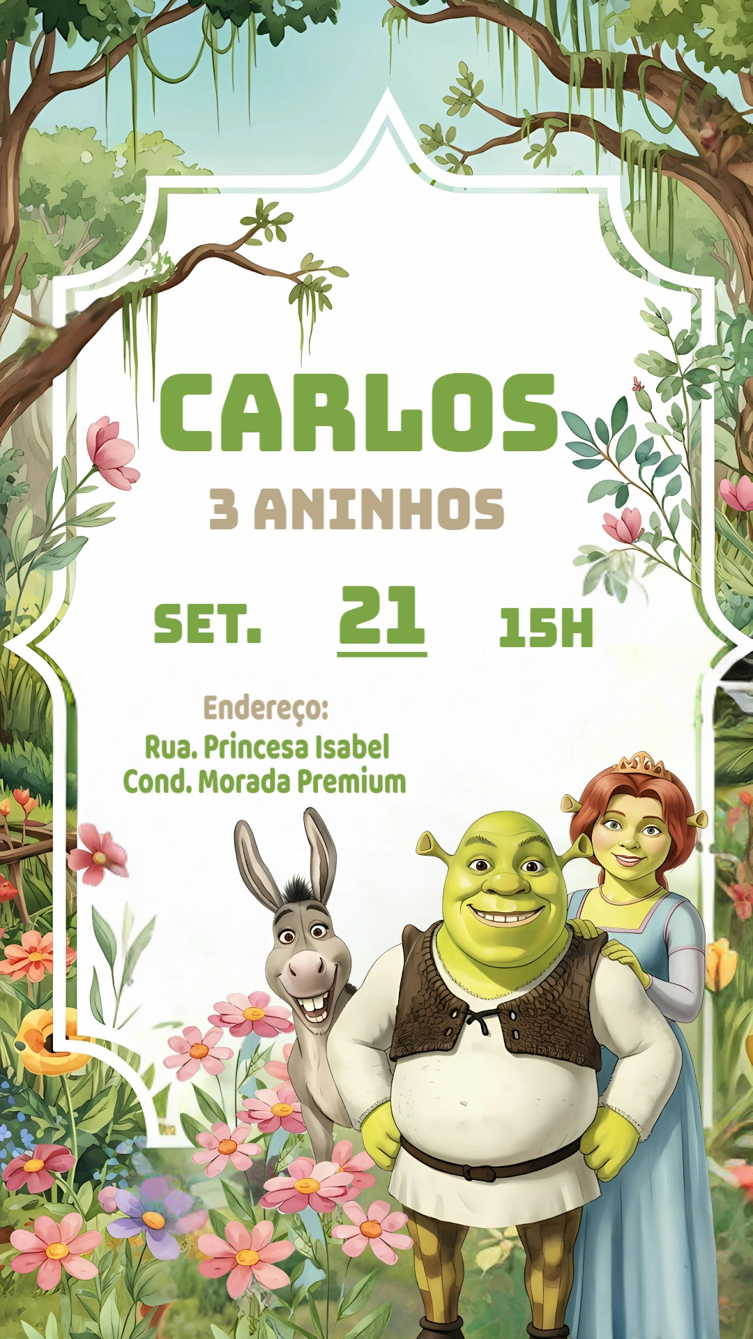 Convite Aniversário Shrek com Personagens para Editar Online