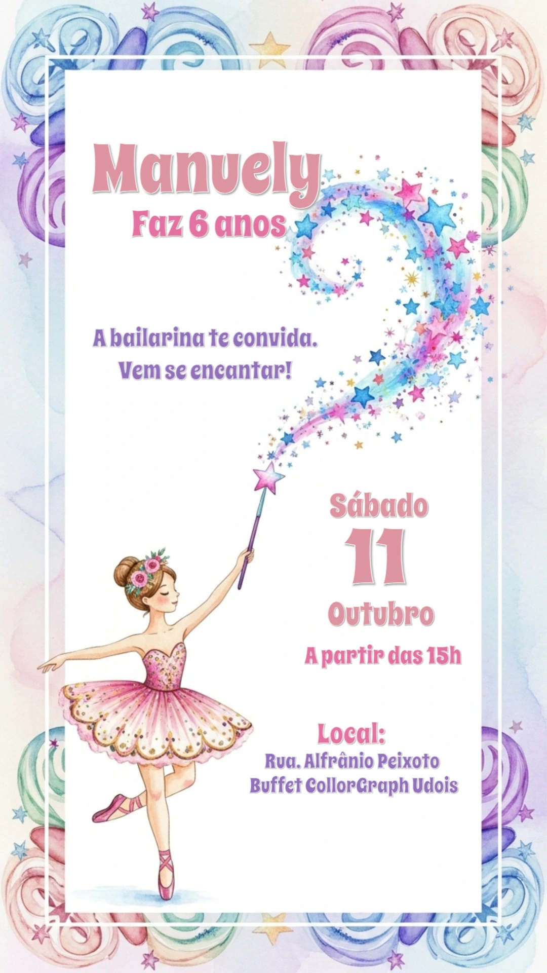 Convite Aniversário Bailarina Mágica para Editar Online