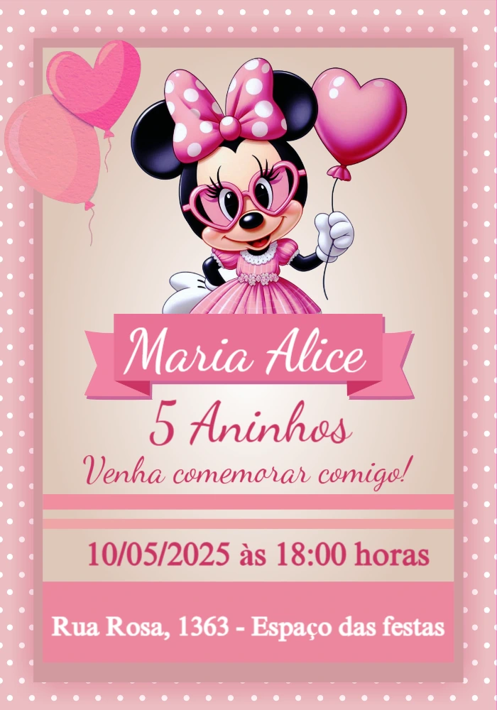 Convite de Aniversário Minnie Rosa para Editar Online