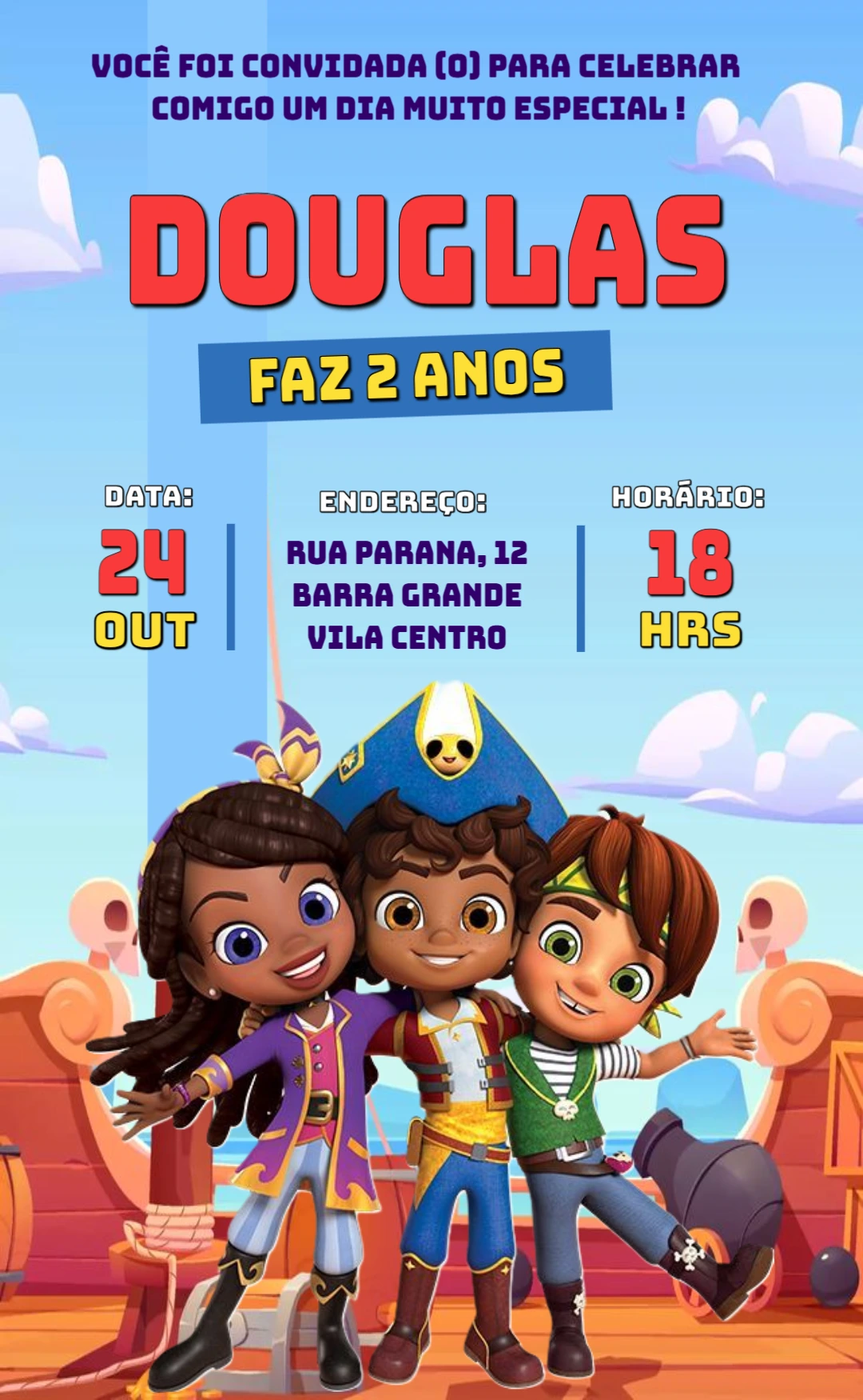 Convite Aniversário Pirata Santiago dos Mares para Editar Online