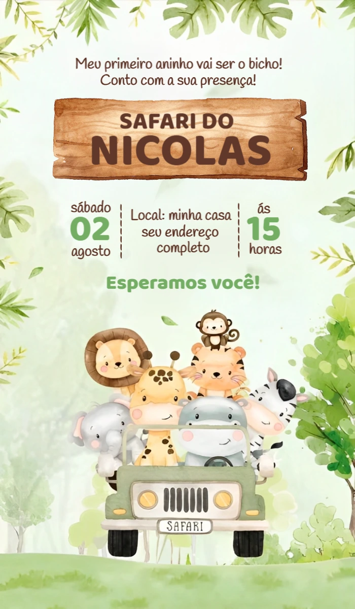 Convite Aniversário Safari com Animais Fofinhos para Editar