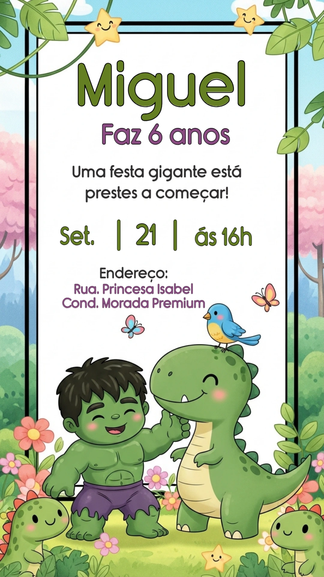 Convite Aniversário Hulk e Dinossauros para Editar Online