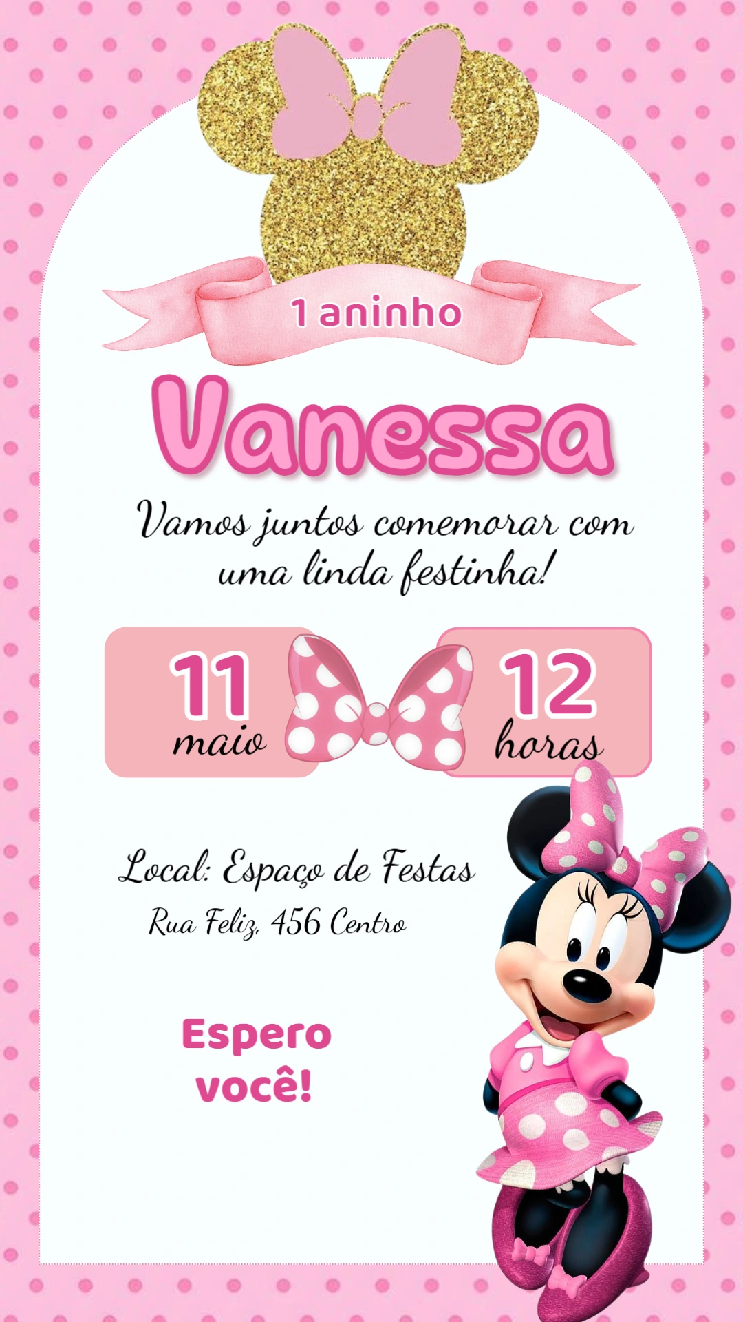 Convite Aniversário Minnie Mouse Rosa para Editar Online
