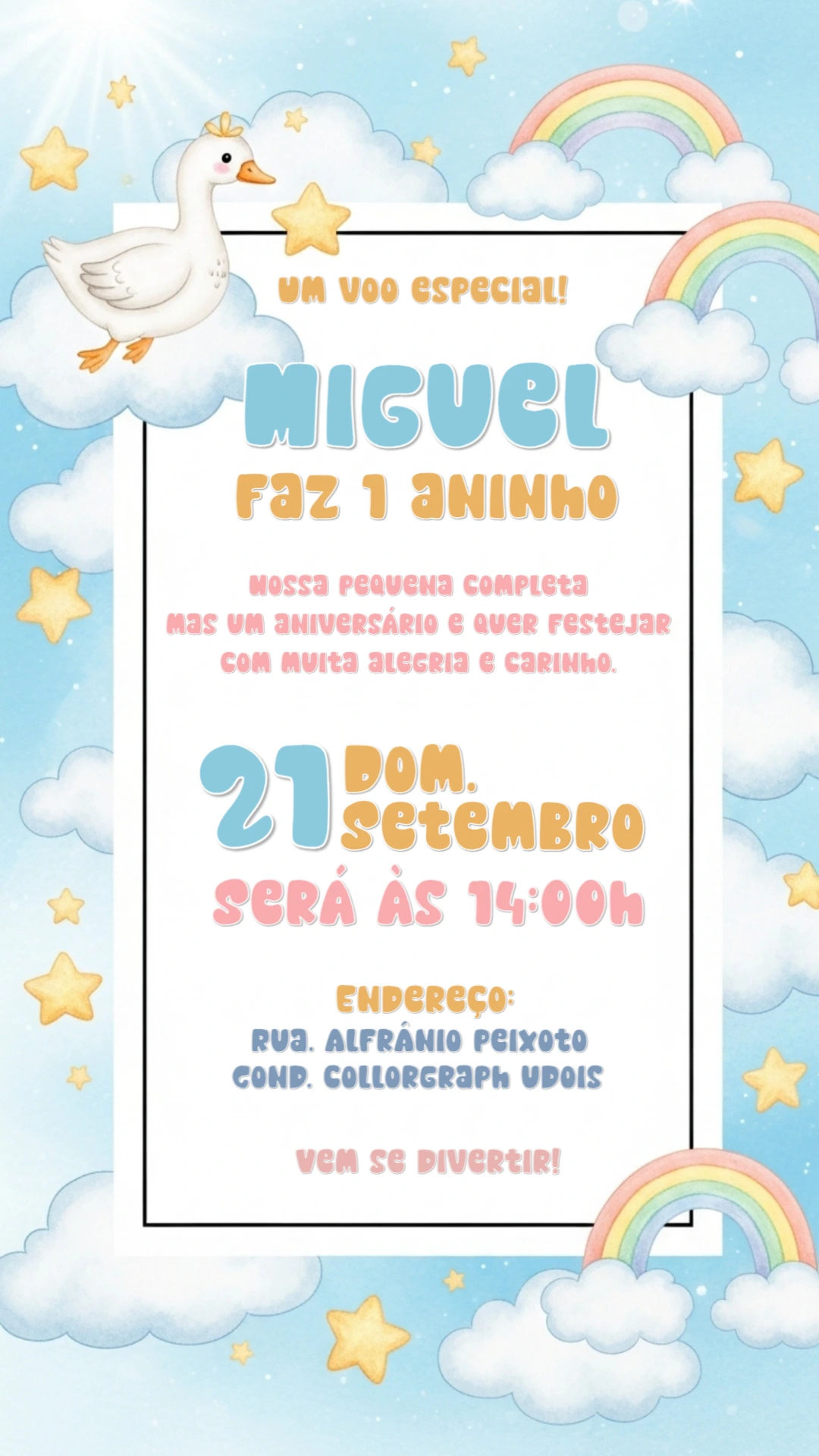 Convite de Aniversário Ganso Fofo no Céu para Editar Online