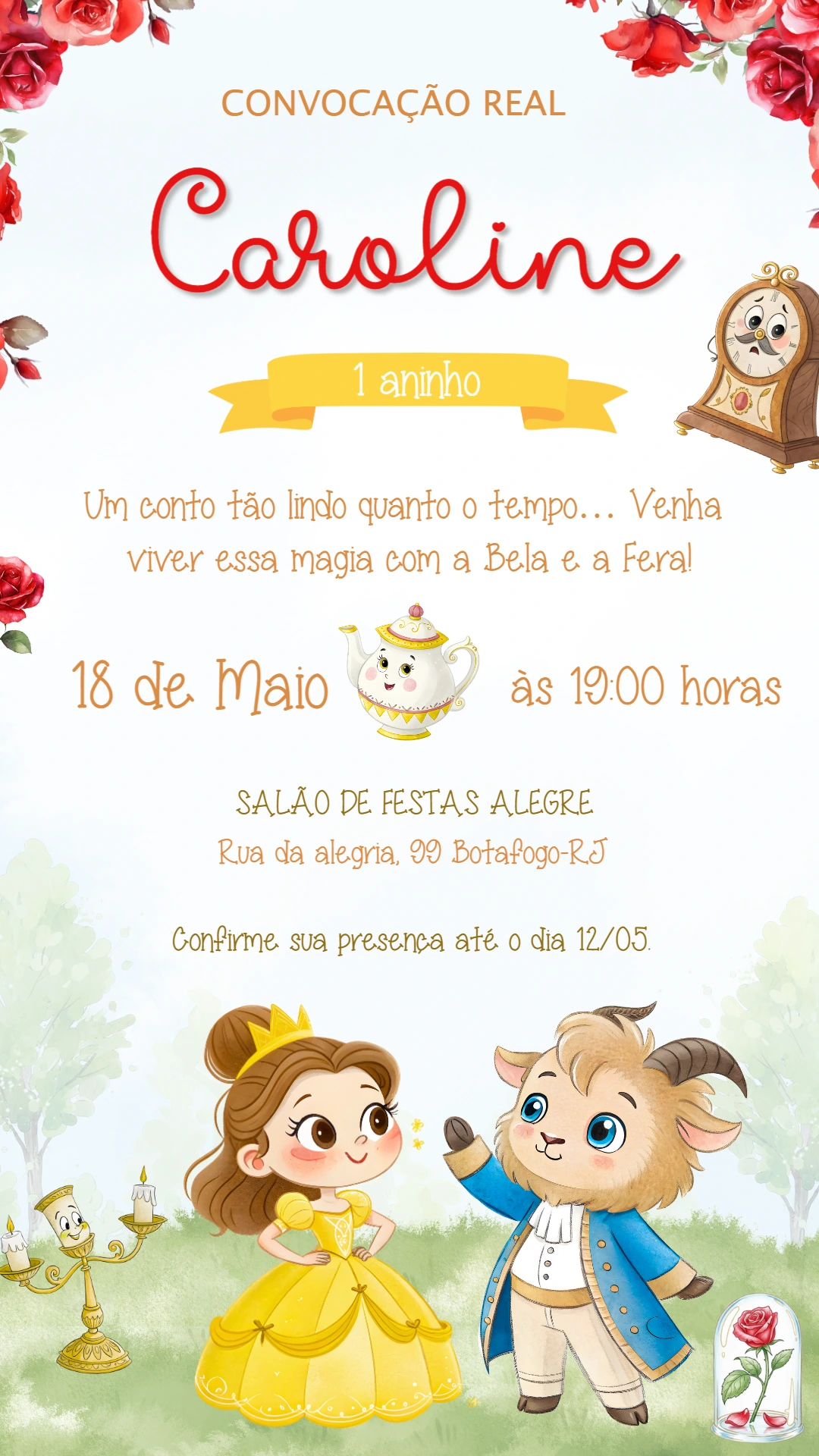 Convite de Aniversário A Bela e a Fera para Editar Online