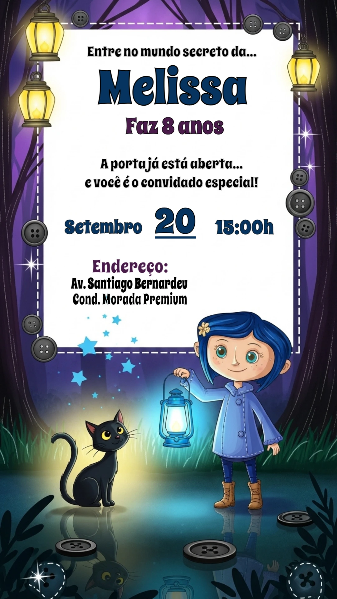 Convite Aniversário Tema Coraline Editável Online