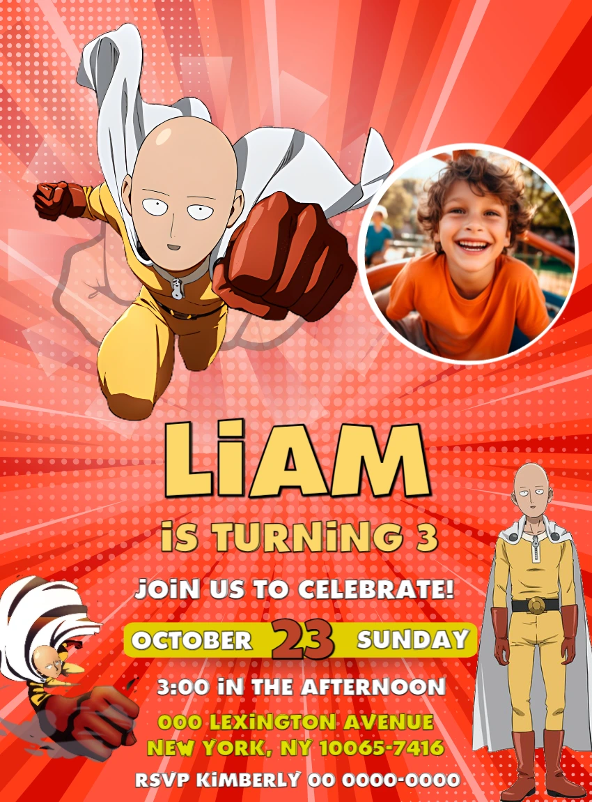One-Punch Man Birthday Invitation | Editable Digital Template with photo