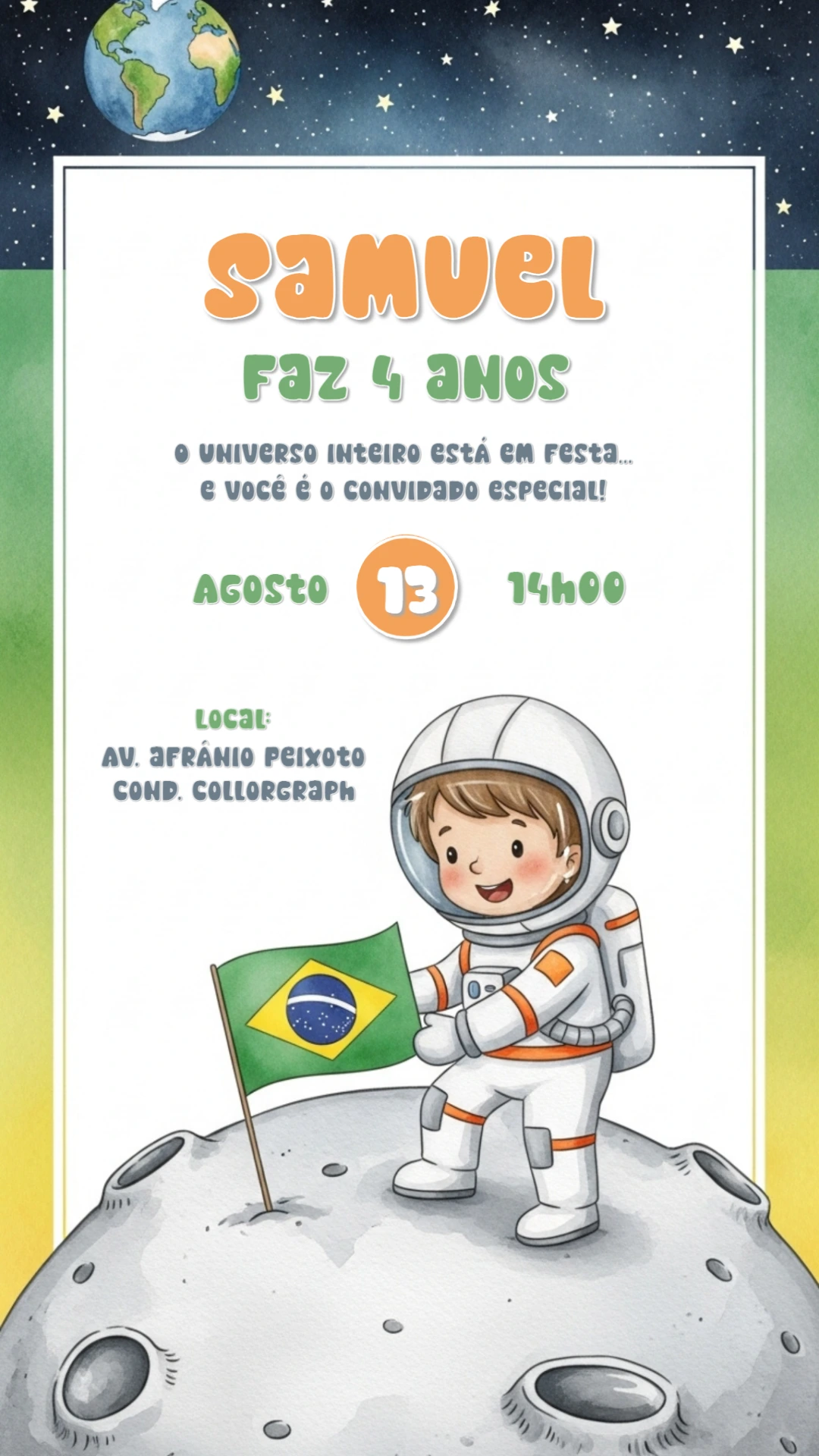 Convite de Aniversário Astronauta no Espaço para Editar Online