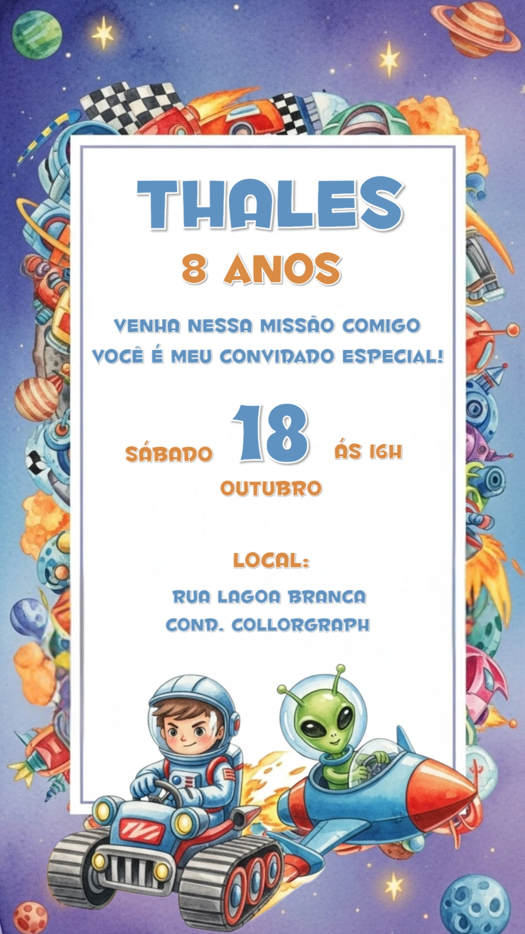 Convite de Aniversário Astronauta no Espaço para Editar Online
