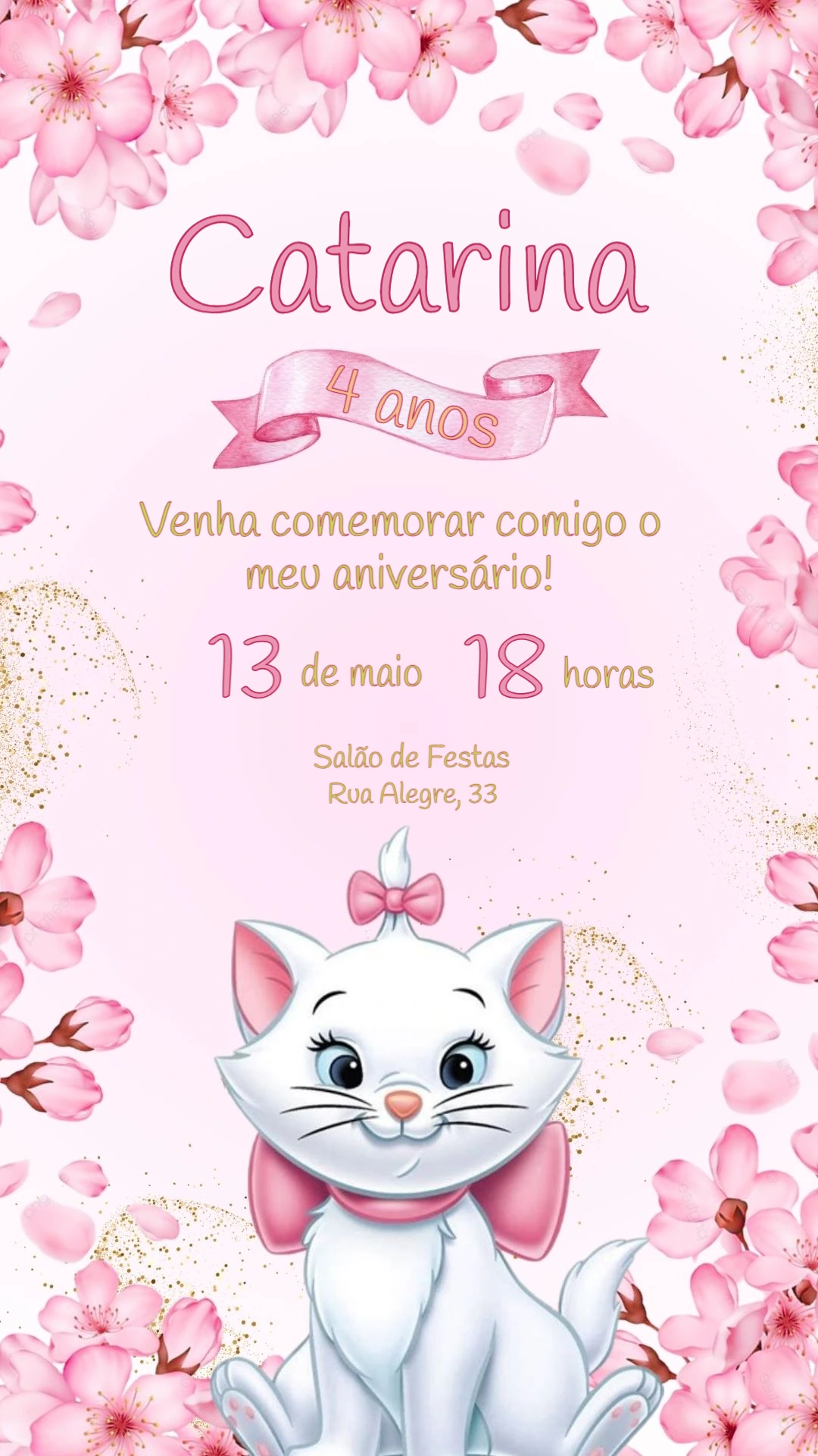 Convite Aniversário Gatinha Marie para Editar Online