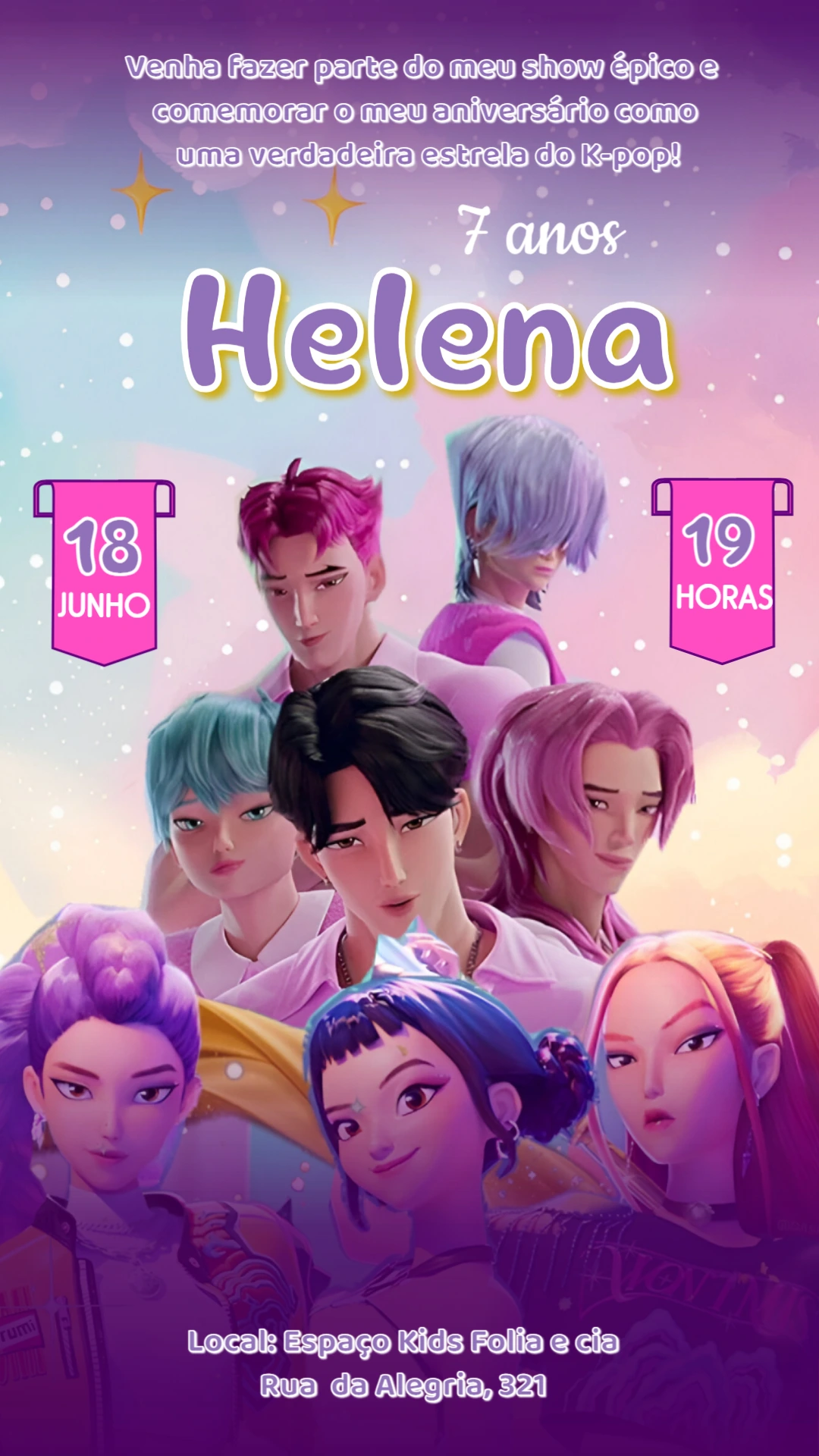 Convite de Aniversário Guerreiras do K-pop para Editar Online