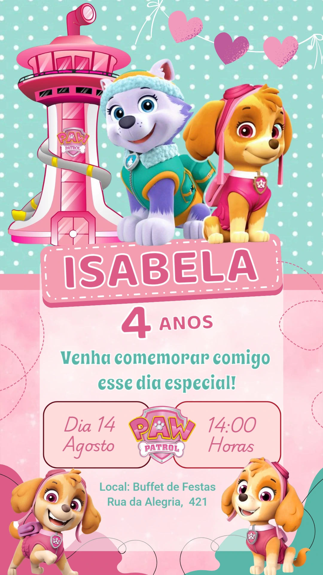 Convite Aniversário Patrulha Canina Skye e Everest para Editar