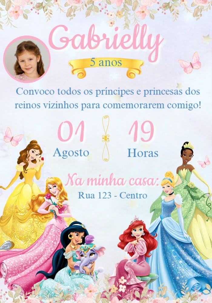 Convite Aniversário Princesas Disney com Foto para Editar Online