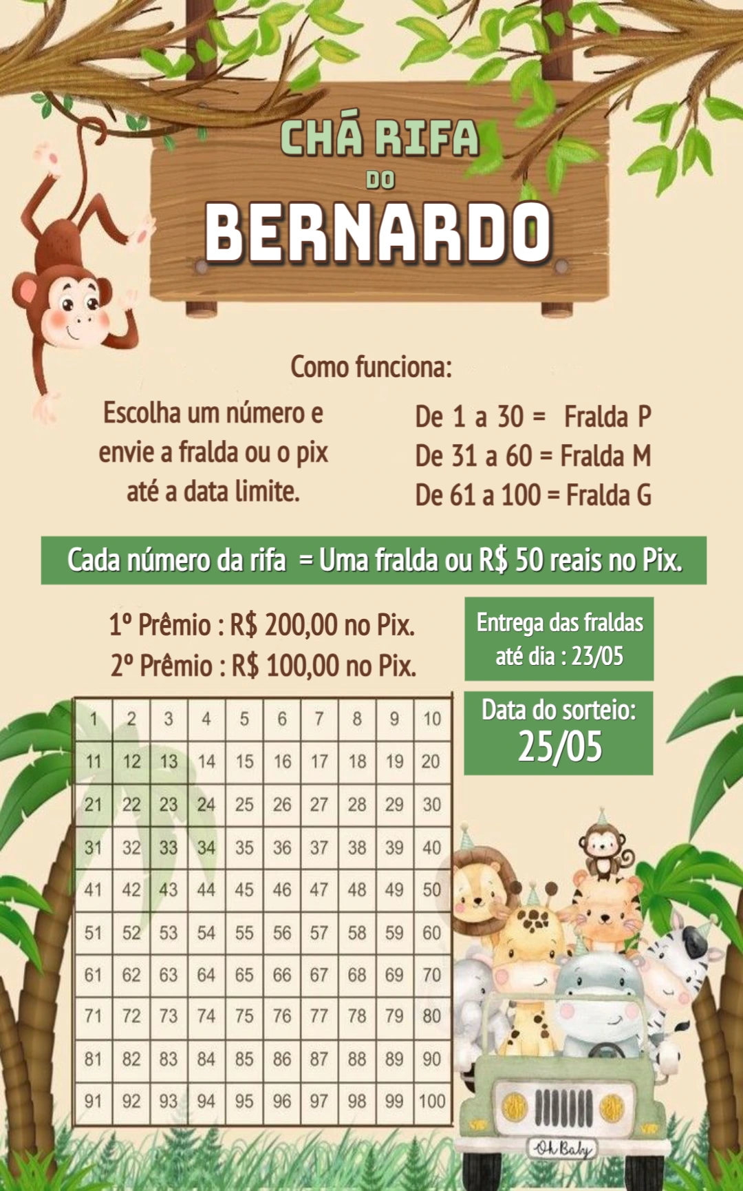 Chá Rifa Safari Baby: Convite Editável para Chá de Fraldas