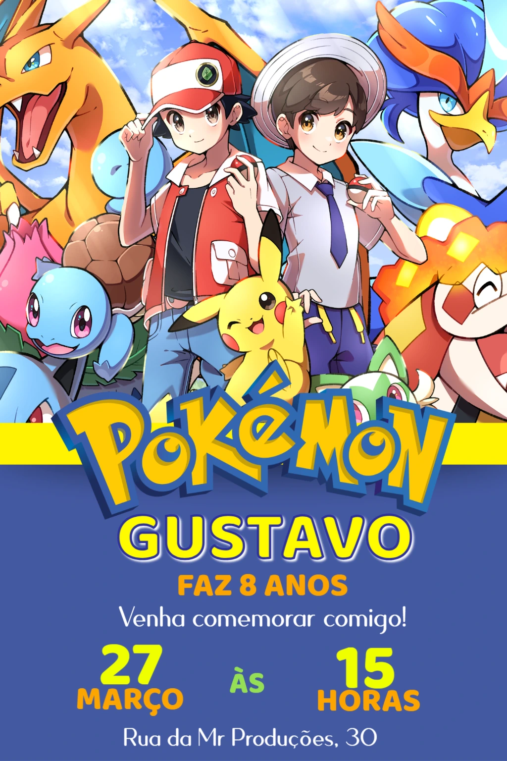 Convite de Aniversário Pokémon com Personagens para Editar