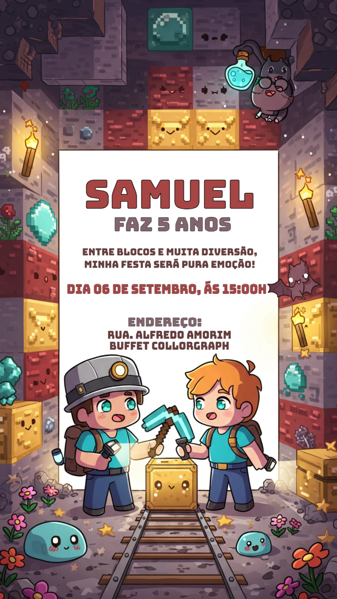 Convite de Aniversário Minecraft Fofo para Editar Online