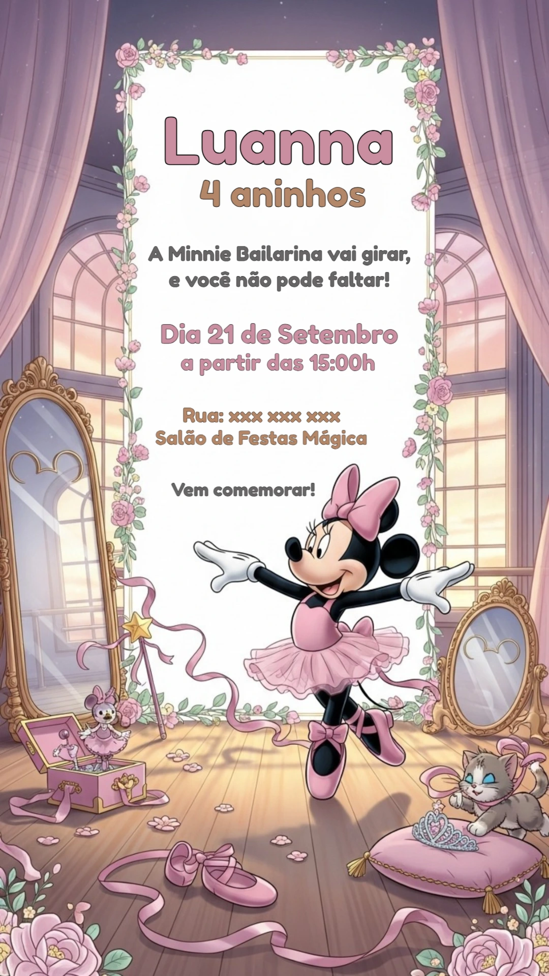 Convite Aniversário Minnie Bailarina para Editar Online