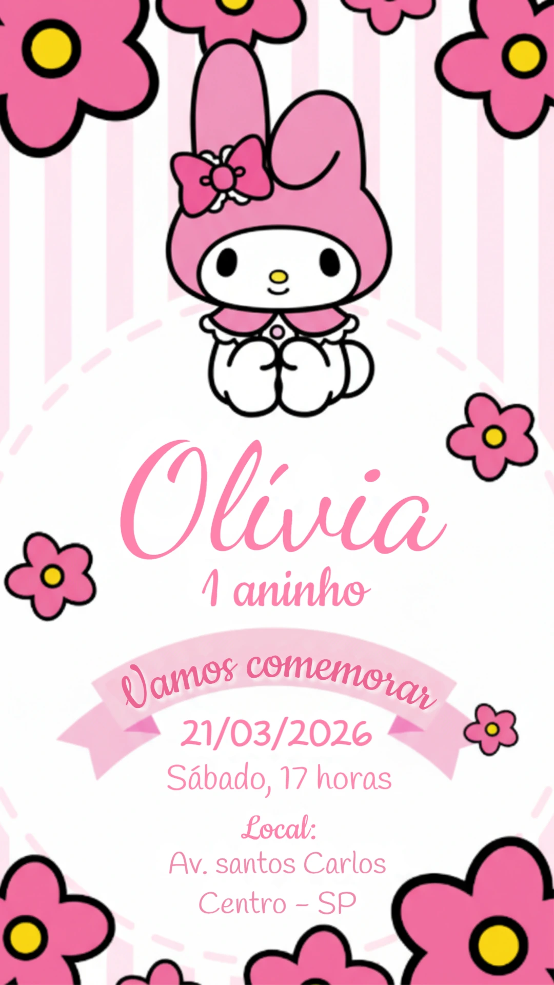 Convite de Aniversário My Melody Rosa e Branco para Editar