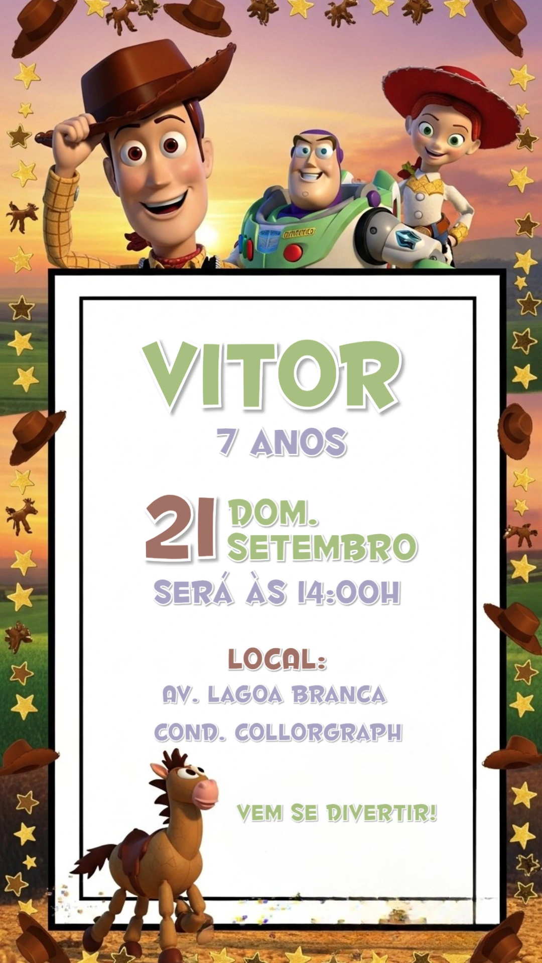Convite de Aniversário Toy Story com Woody e Buzz para Editar