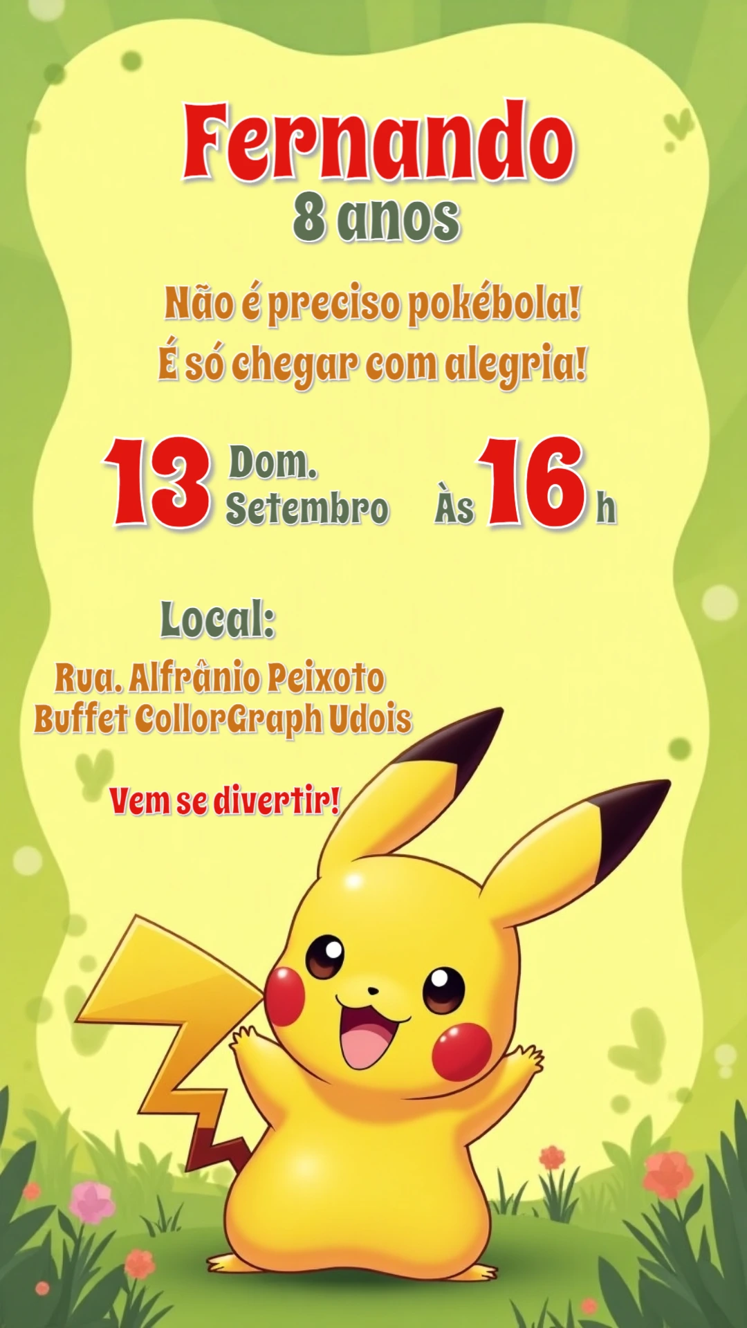 Convite de Aniversário Pokémon com Pikachu para Editar Online