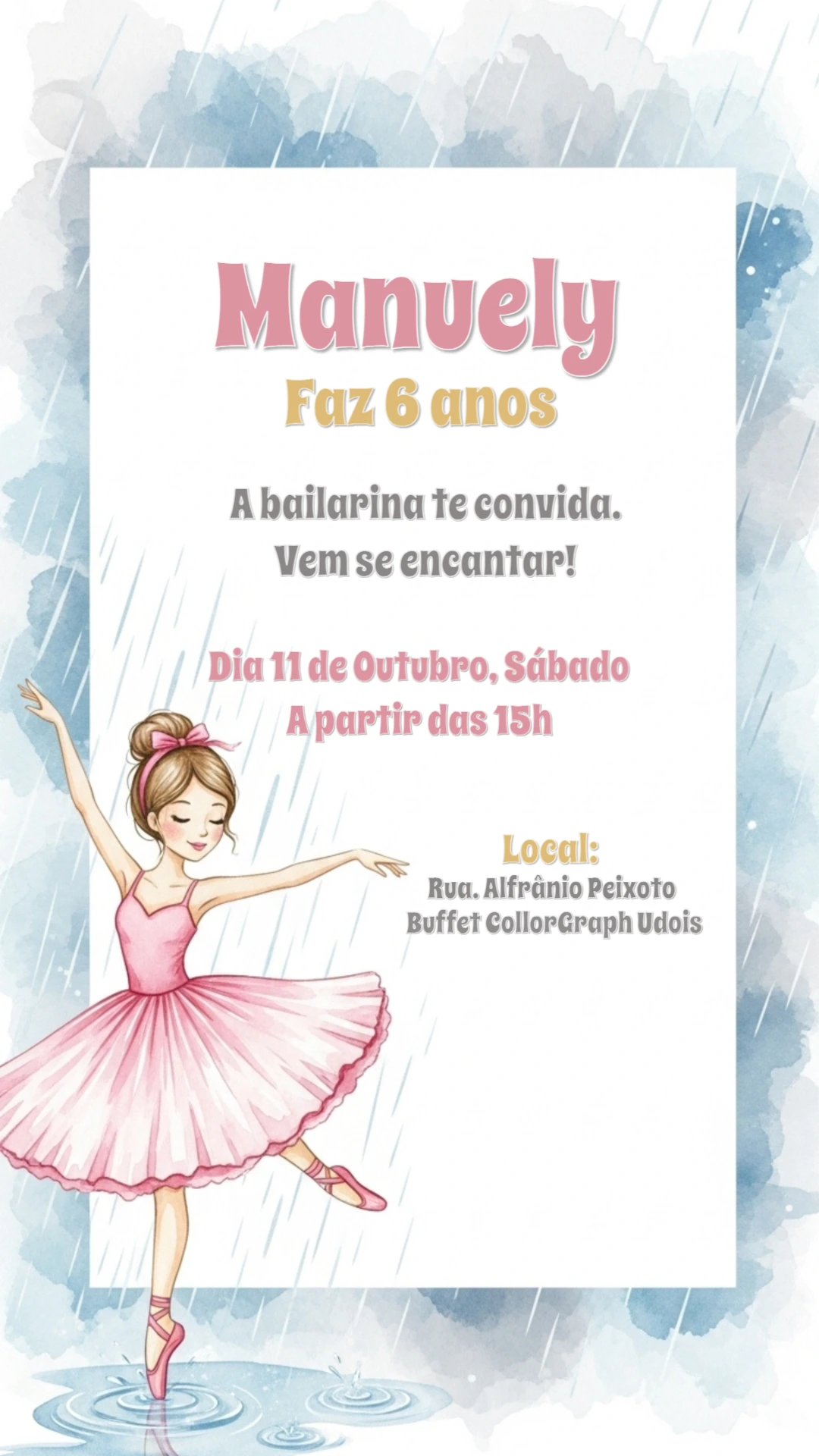 Convite Aniversário Bailarina Delicada para Editar Online