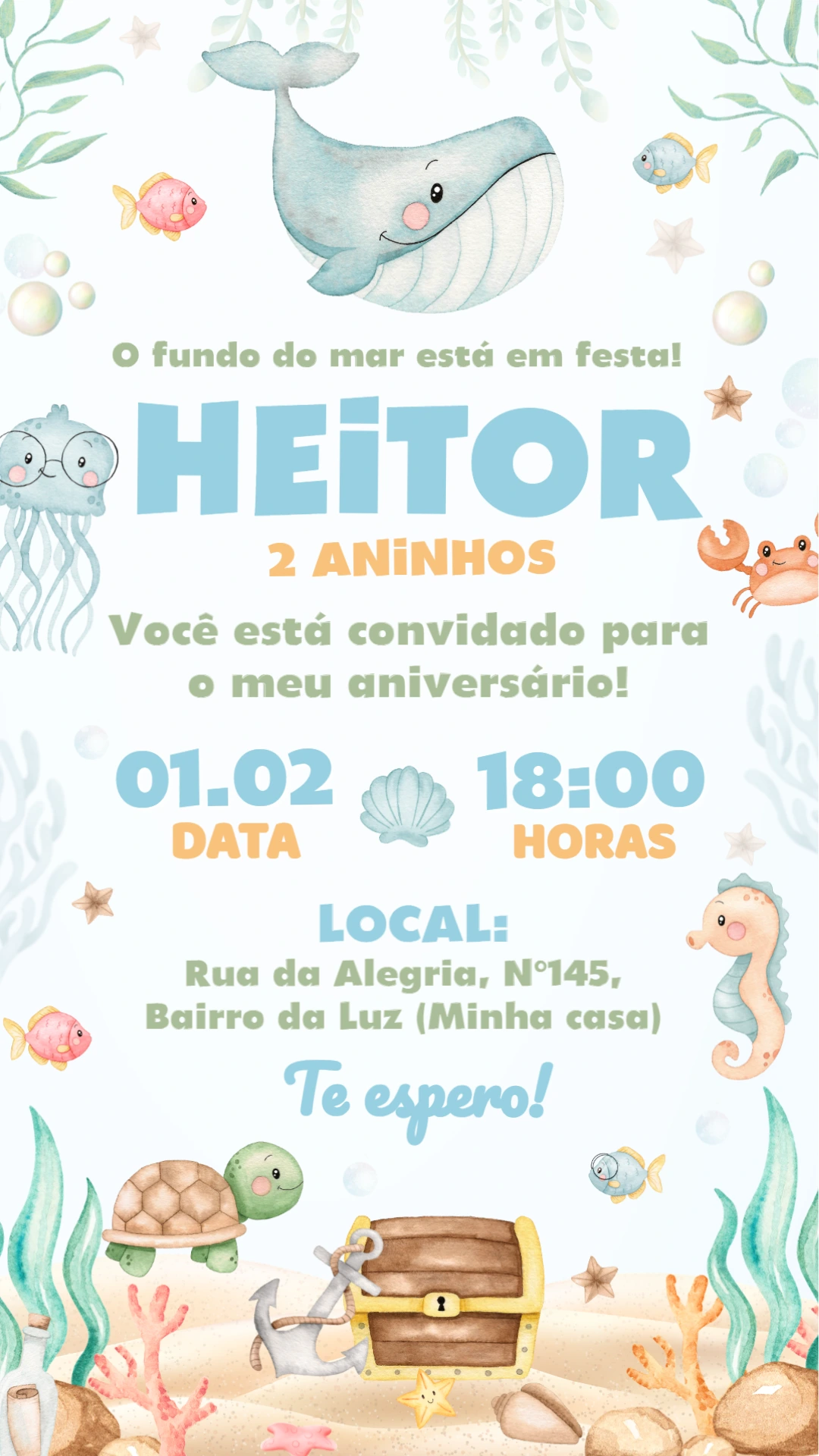 Convite de Aniversário Fundo do Mar Aquarela para Editar