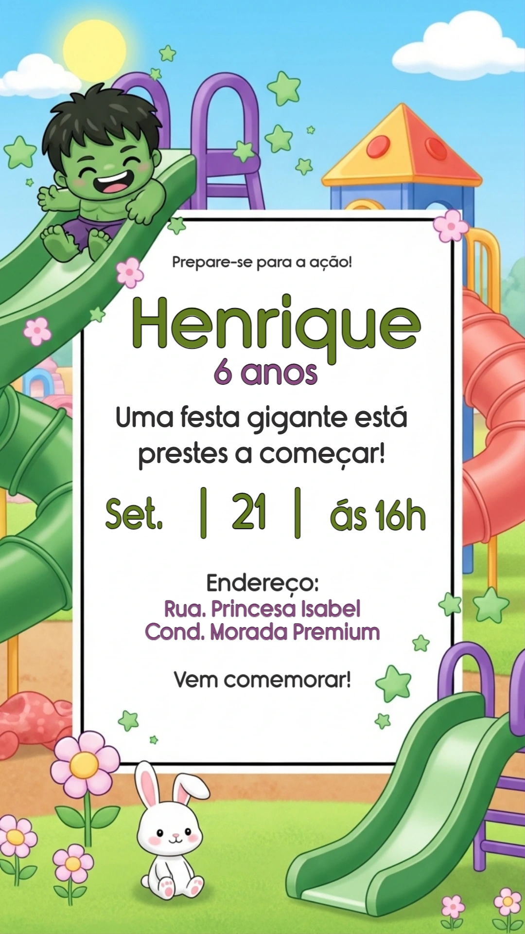 Convite Aniversário Hulk no Parquinho para Editar Online