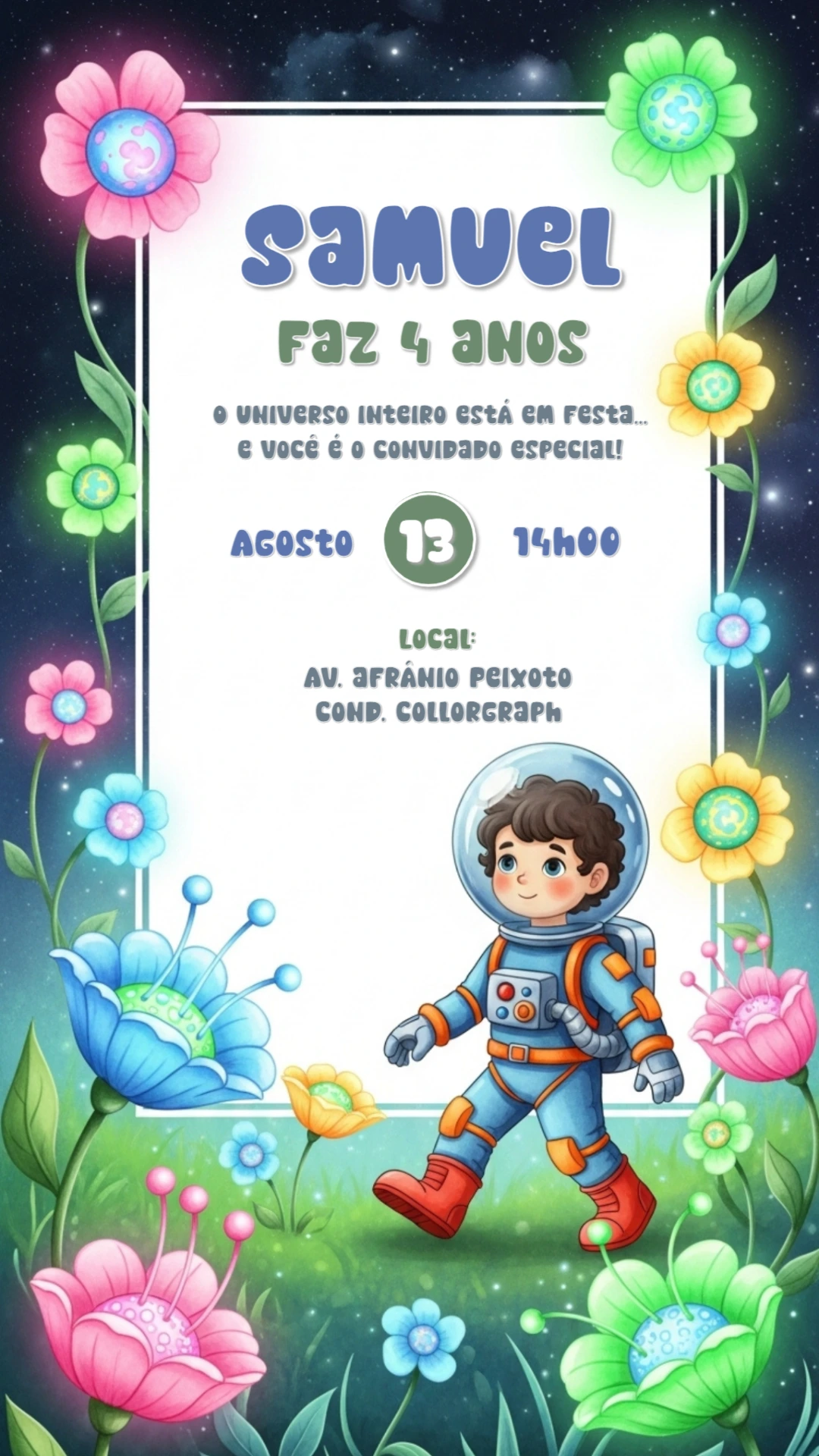 Convite de Aniversário Astronauta no Espaço para Editar Online