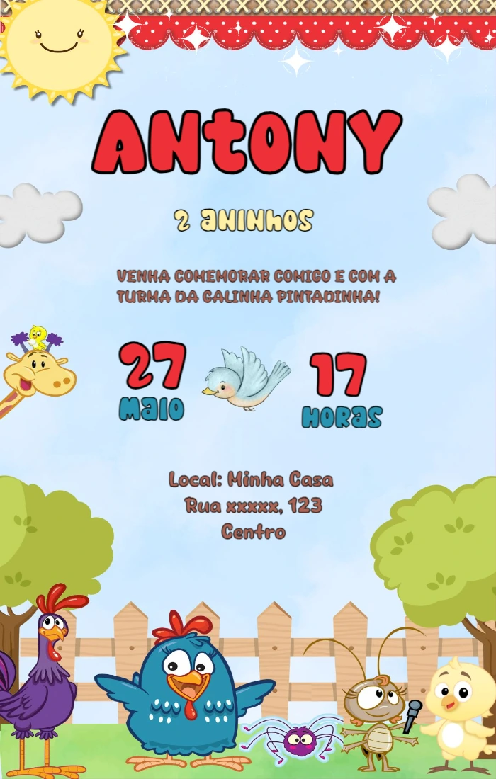 Convite de Aniversário Galinha Pintadinha para Editar Online
