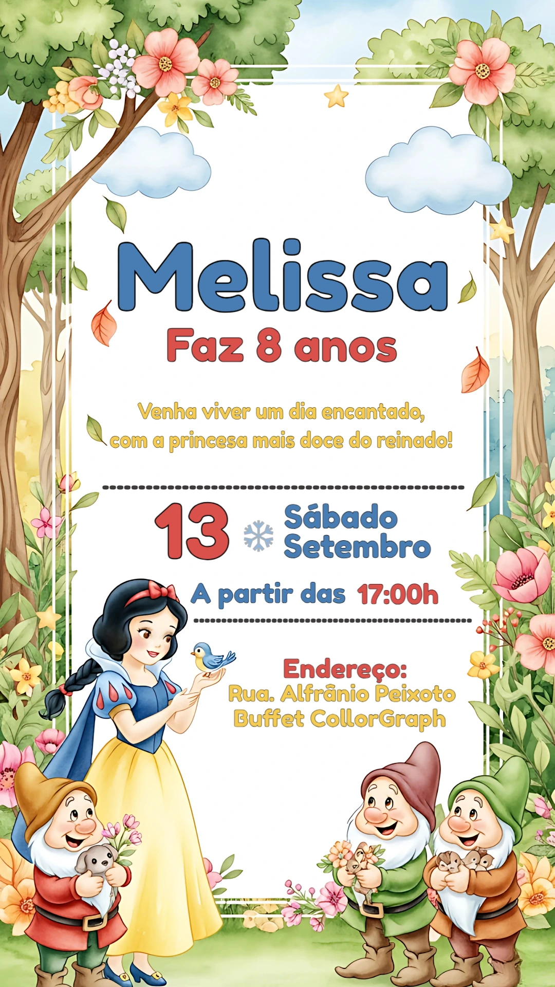 Convite Aniversário Branca de Neve para Editar Online