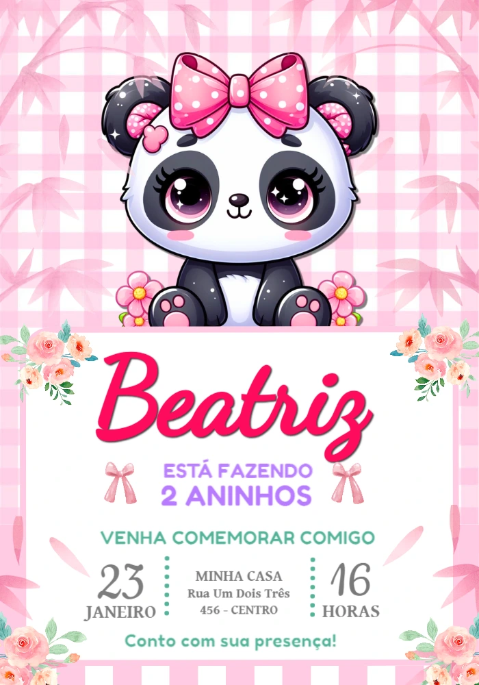 Convite de Aniversário Panda Rosa Fofo para Editar Online