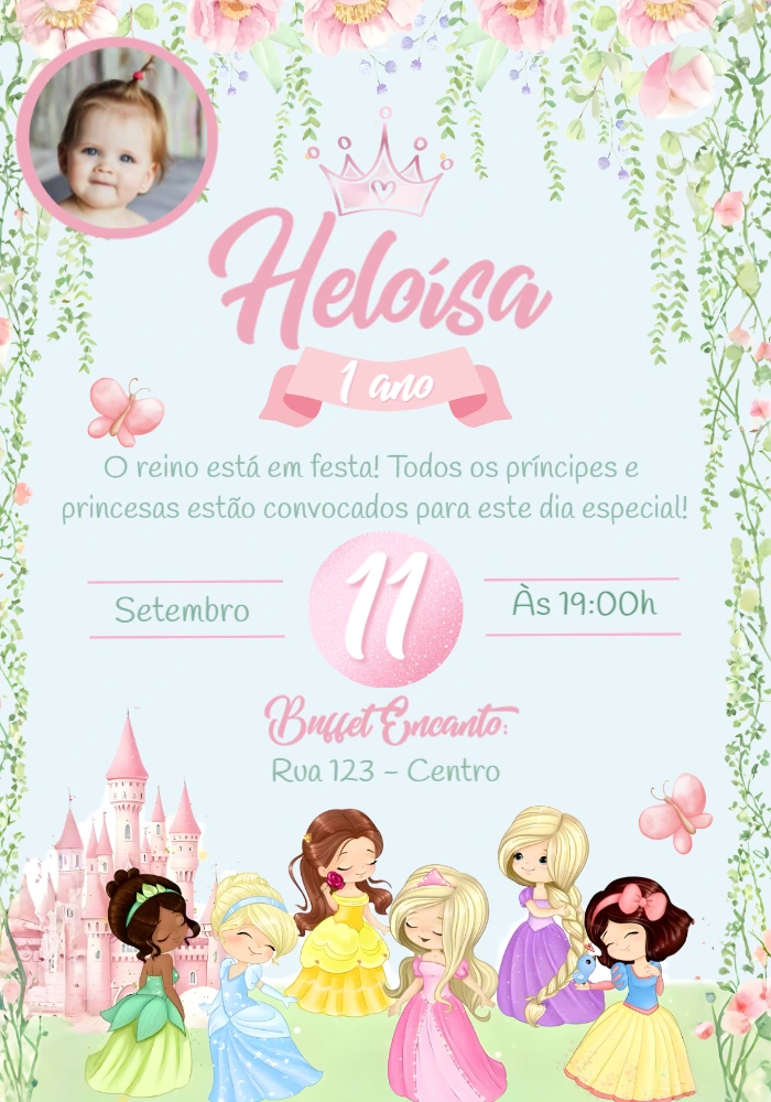 Convite Aniversário Princesas Cute com Foto para Editar Online
