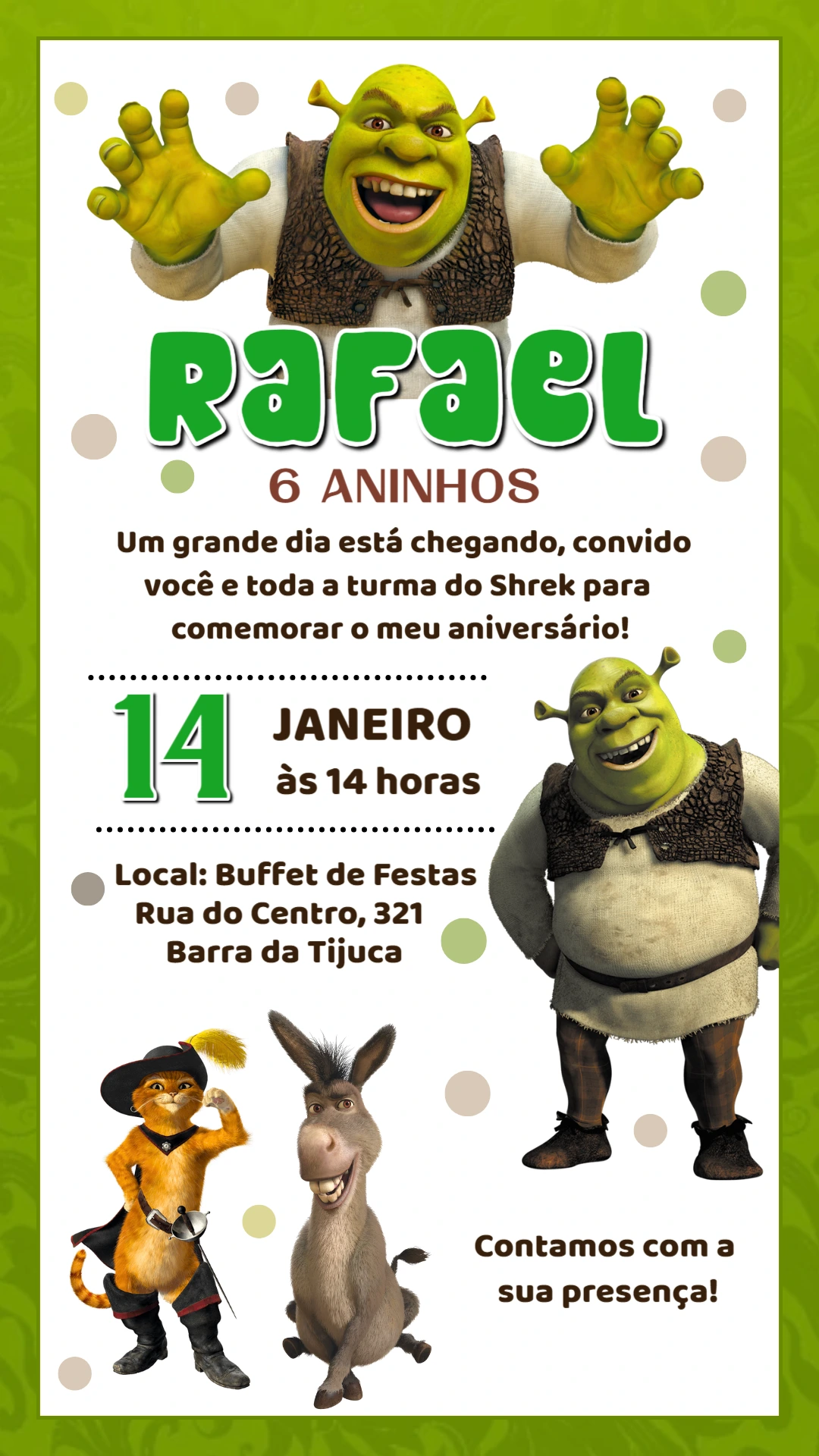 Convite de Aniversário Shrek com Personagens para Editar Online