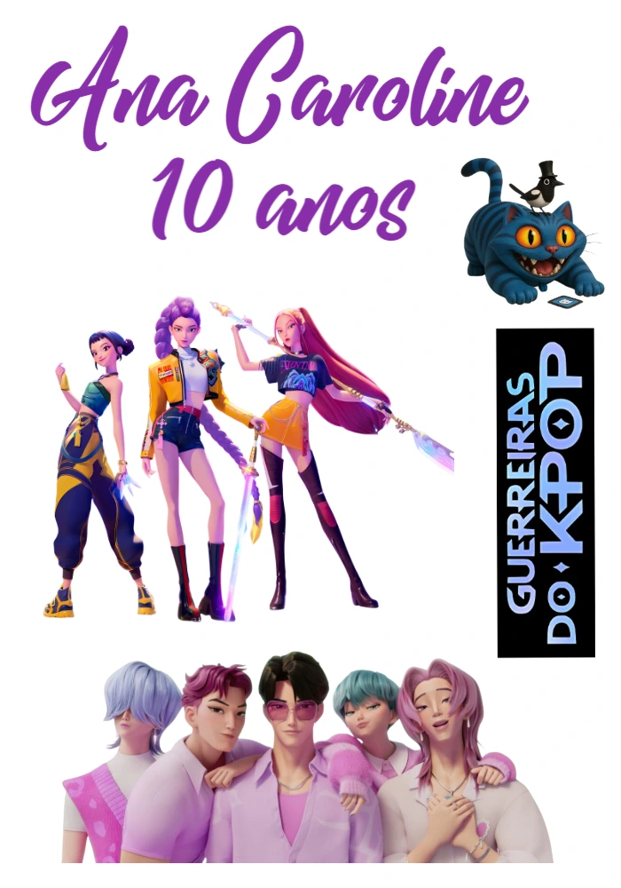 Topo de Bolo Guerreiras do K-pop para Aniversário Editável Online