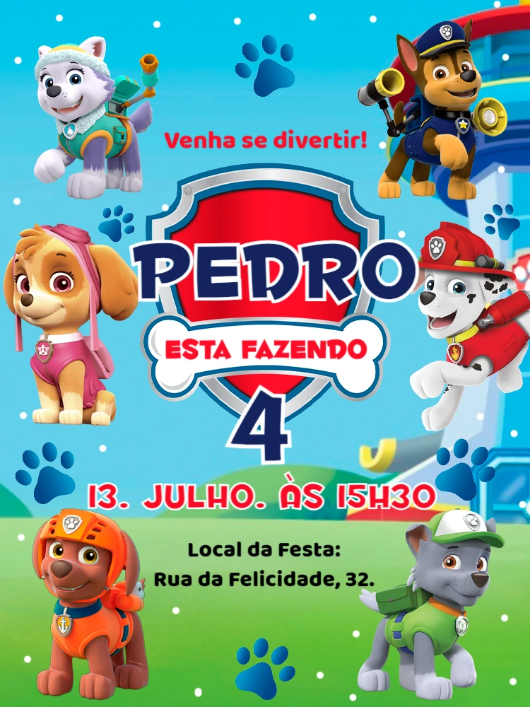 Convite Aniversário Patrulha Canina com Personagens para Editar