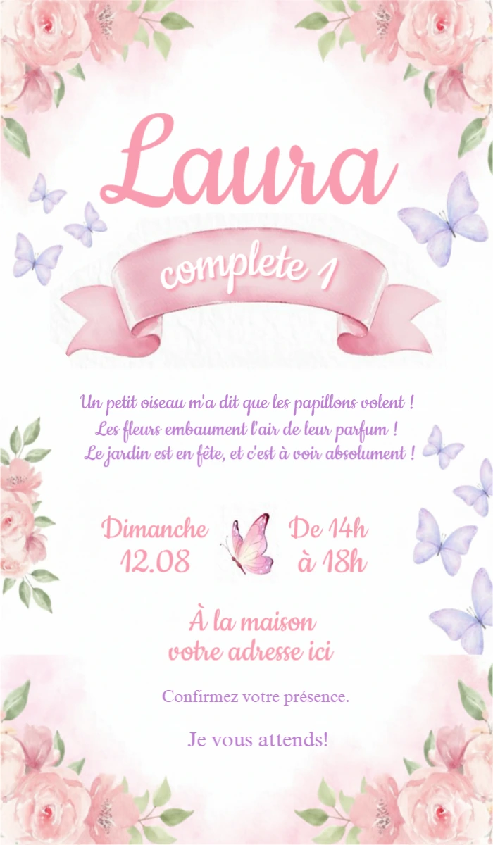 Invitation 1er Anniversaire Papillons et Fleurs Rose à Modifier