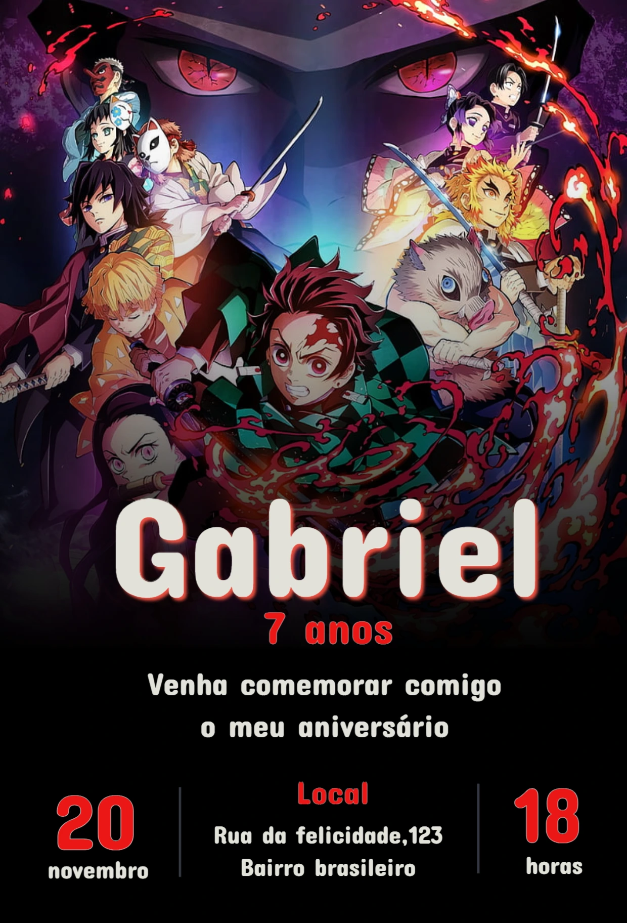 Convite de Aniversário Demon Slayer com Personagens para Editar