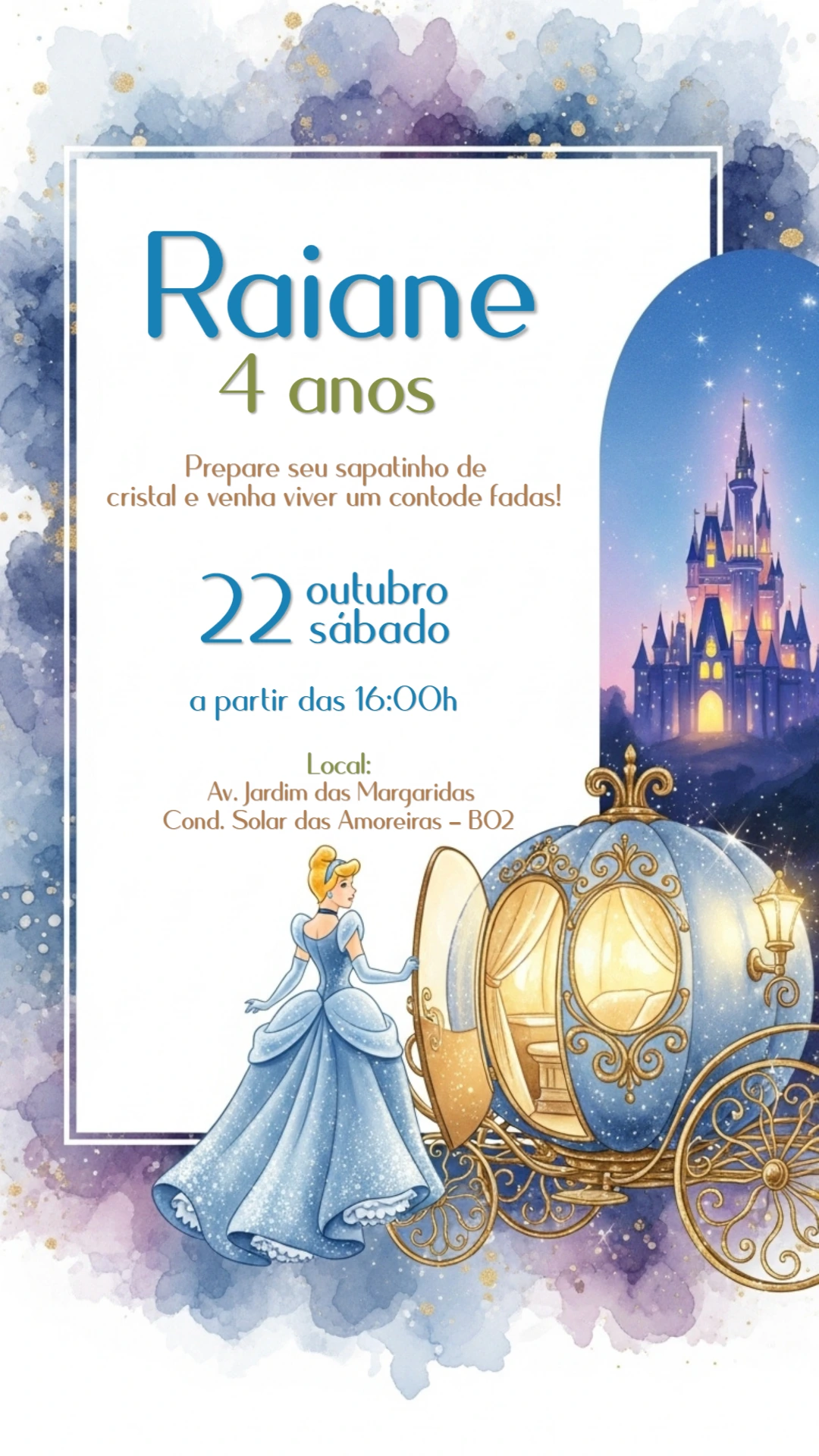 Convite de Aniversário Cinderela Editável Online
