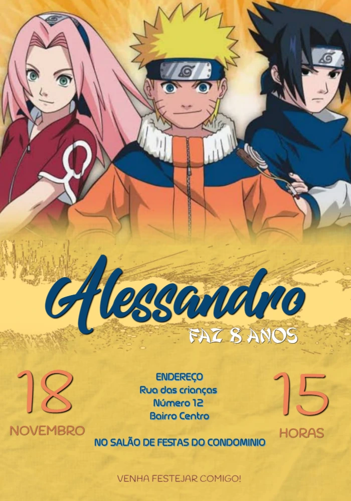 Convite de Aniversário Naruto com Personagens para Editar Online