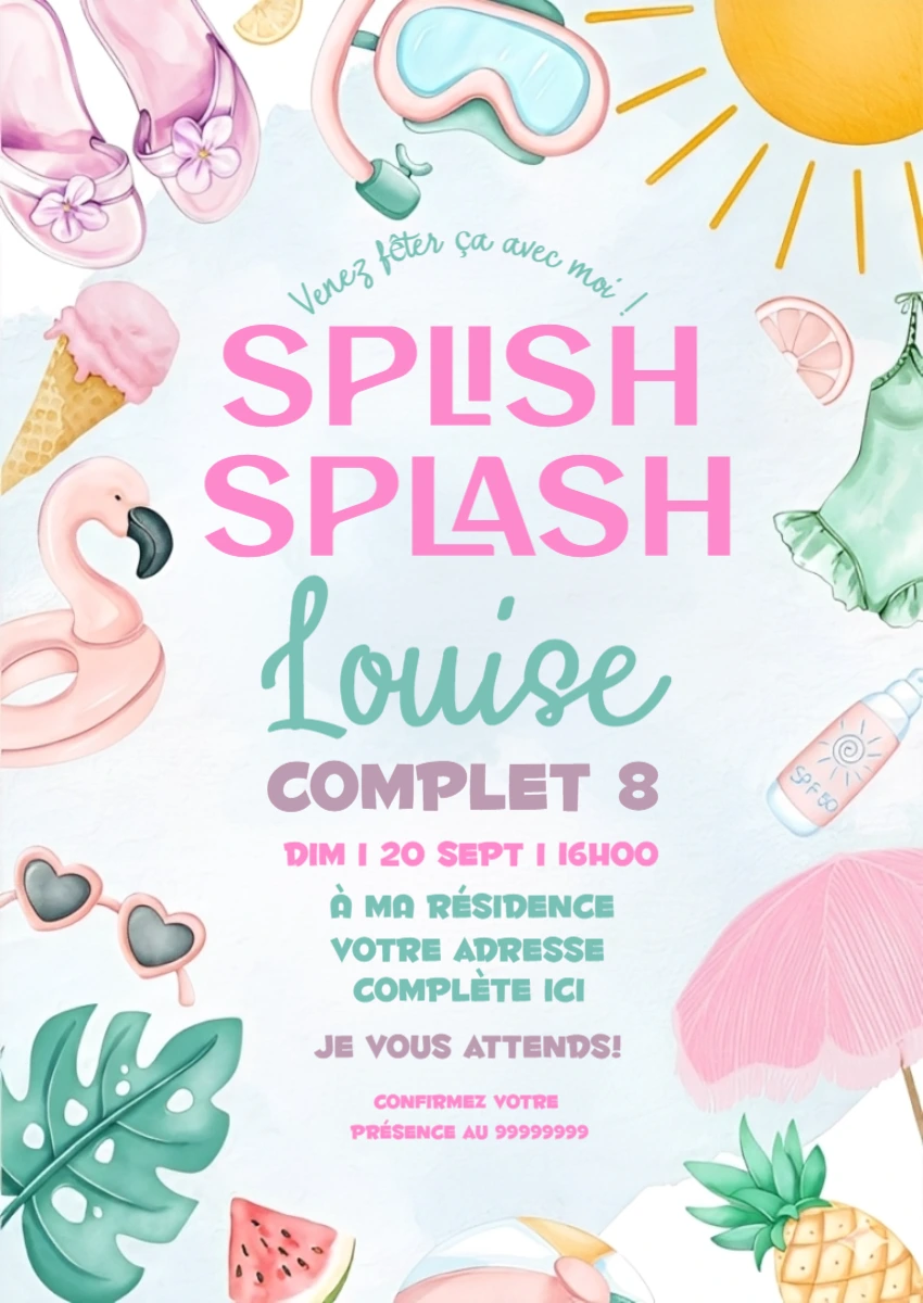 Invitation Anniversaire Fête Piscine Splish Splash à Modifier